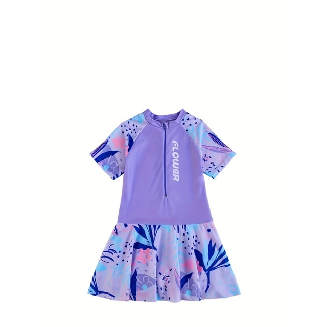 Maillot de Bain Actif pour Filles, Robe de Bain à Manches Courtes Raglan avec sous-Short, Tenue d'Été pour la Piscine et la Plage