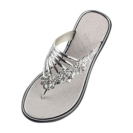 CHOII Clearance Women Slippers Girls Flat Bohemian Style Casual Sandals Slippers Open Toe Beach Shoes with 3 Artificial Diamond Flowers Flip Flops for Women Silver/6