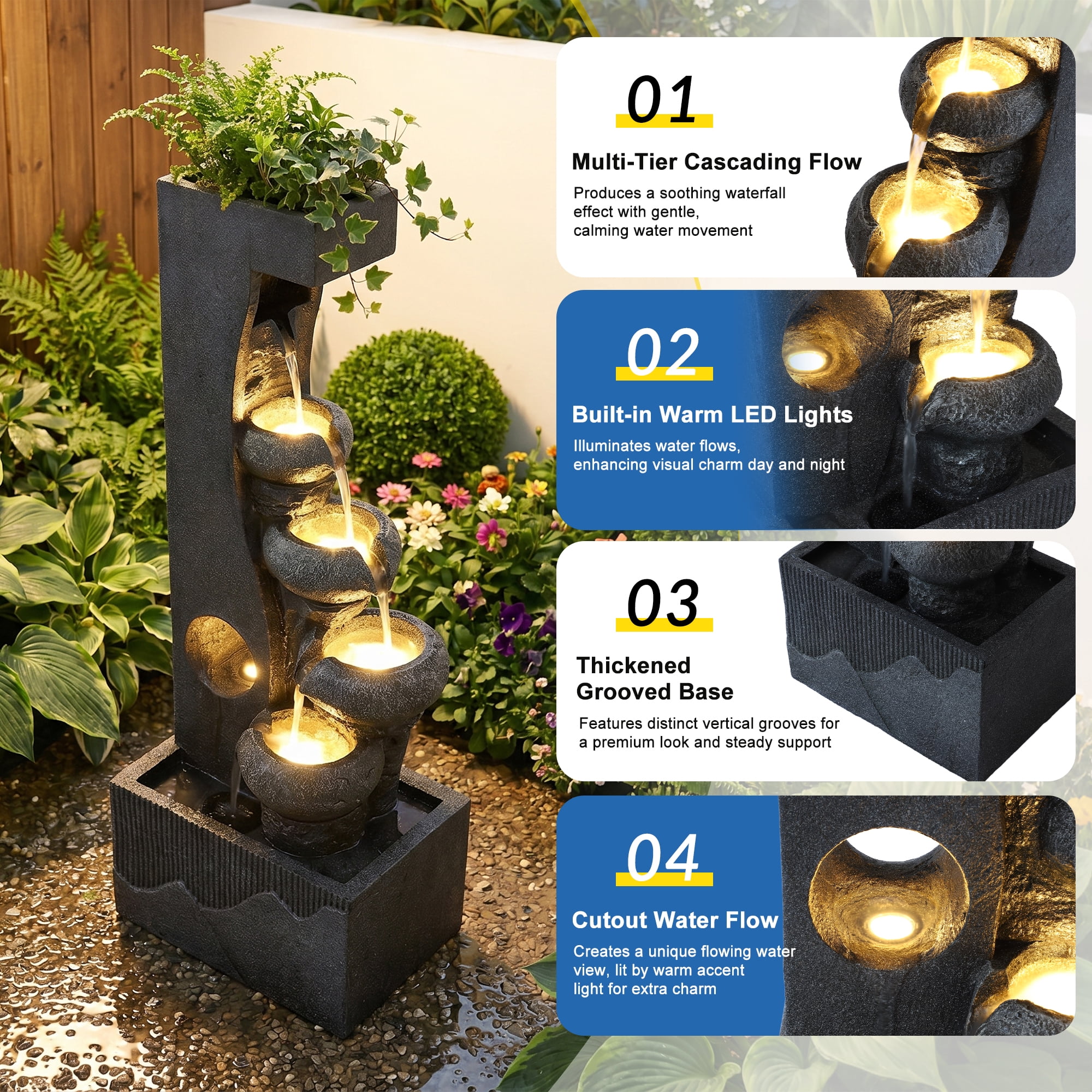 Magic Union 4-Tier Outdoor Water Fountain with LED Lights, 39.2" Tall Resin Cascading Waterfall Fountain with Planter Areas, Modern Calming Water Feature for Patio Balcony Deck Garden Yard Decor