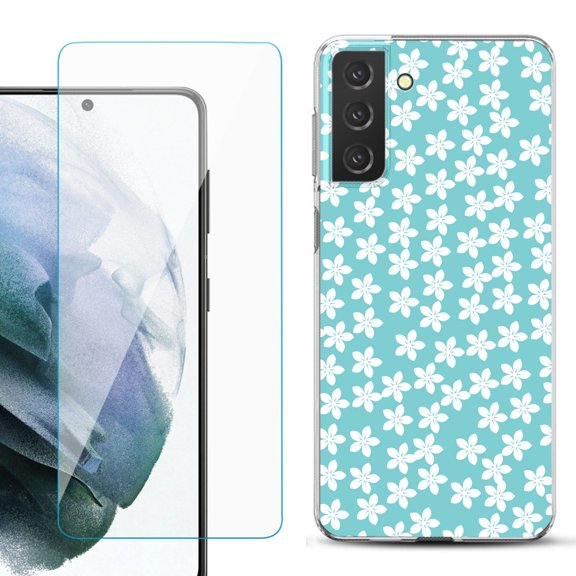 Slim-Fit TPU Fashion Phone Case for Samsung Galaxy S21 FE 5G Fan Edition, with Tempered Glass Screen Protector, by OneToughShield ® - Flower/Teal