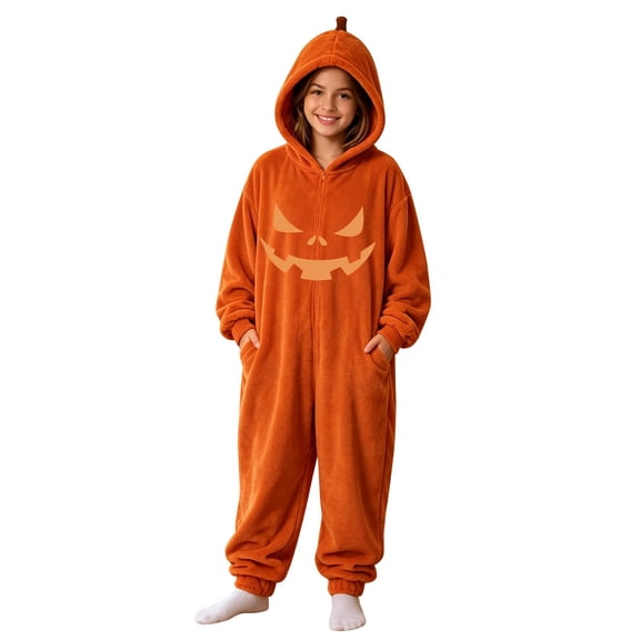 Otqutp Kids Halloween Fleece Jumpsuit Jack O Lantern Hooded Jumpsuit Full Zip One Piece Fall Warm Dress Up Clothes 2-13 Years