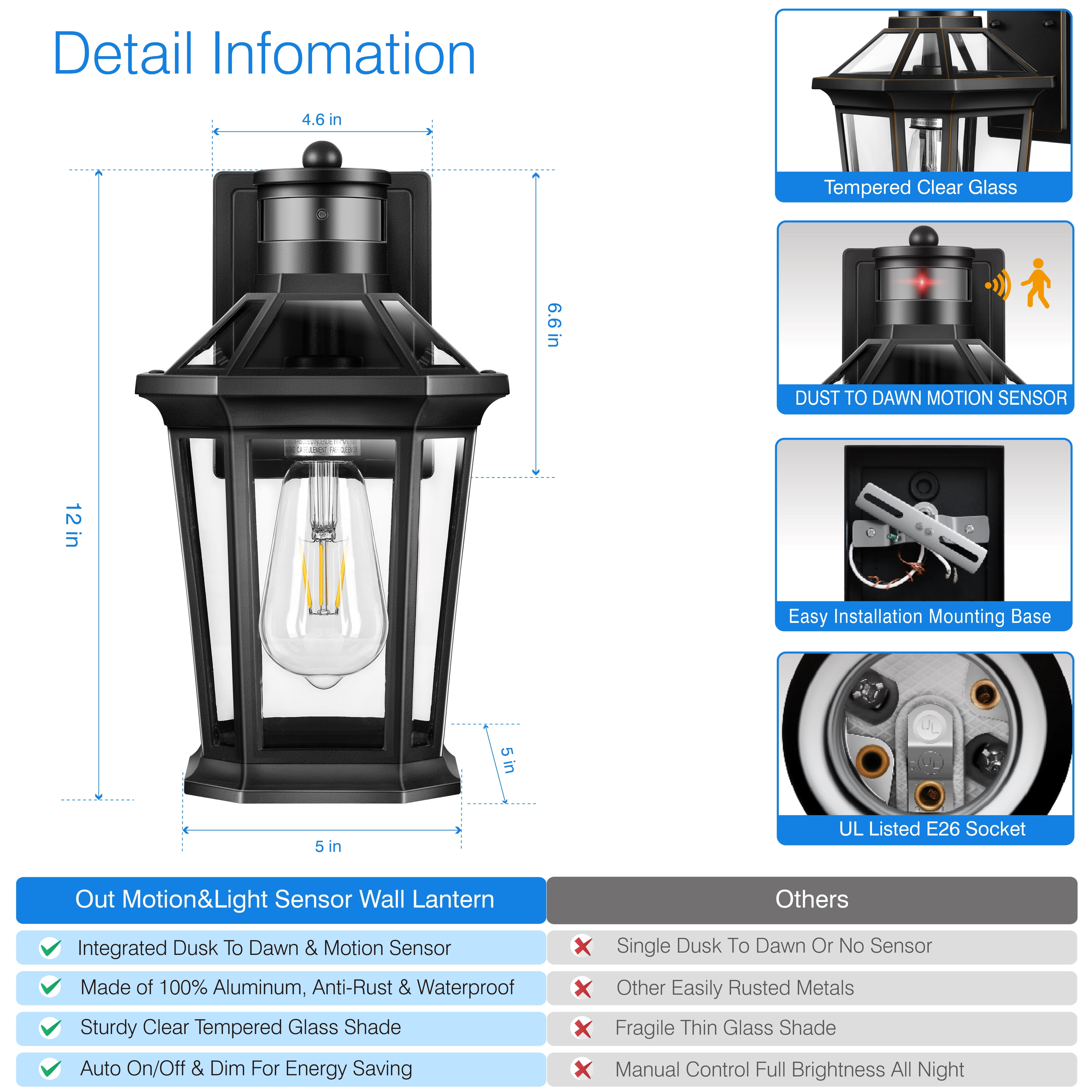 VIANIS Motion Sensor Outdoor Lighting, Outdoor Wall Lights Wall Mount with Clear Glass Shade, Black Dusk to Dawn Garage Light Sconce, Waterproof Exterior Lights for House, Patio