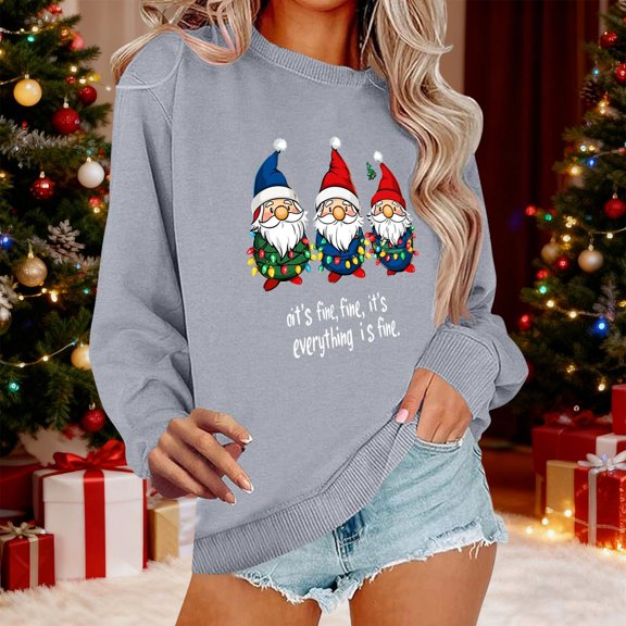 Christmas Sweatshirt For Women Vintage Xmas Holiday Shirts Long Sleeve Snowman Fleece Sweatshirt Crew Neck Tops Gray M