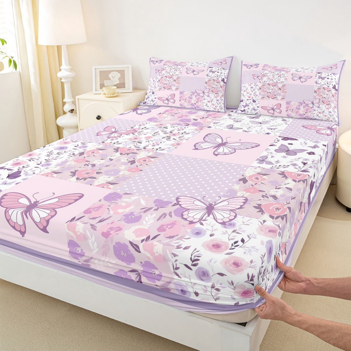 Homewish Butterfly Printed Twin Sheet Sets,Rustic Flower Floral Twin Fitted Sheet,Purple Pink Flat Sheet For Girl Kids,Luxury Bedroom Decor,3 Pieces