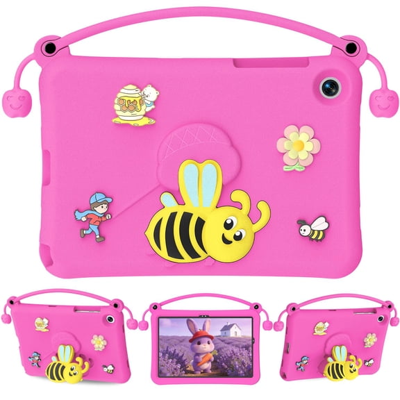 ELEHOLD For Samsung Galaxy Tab A11 2025 / A9 2023 8.7-inch Protective Case, 3D Pattern Child Shockproof Handle Design Kickstand Cover,Rosered