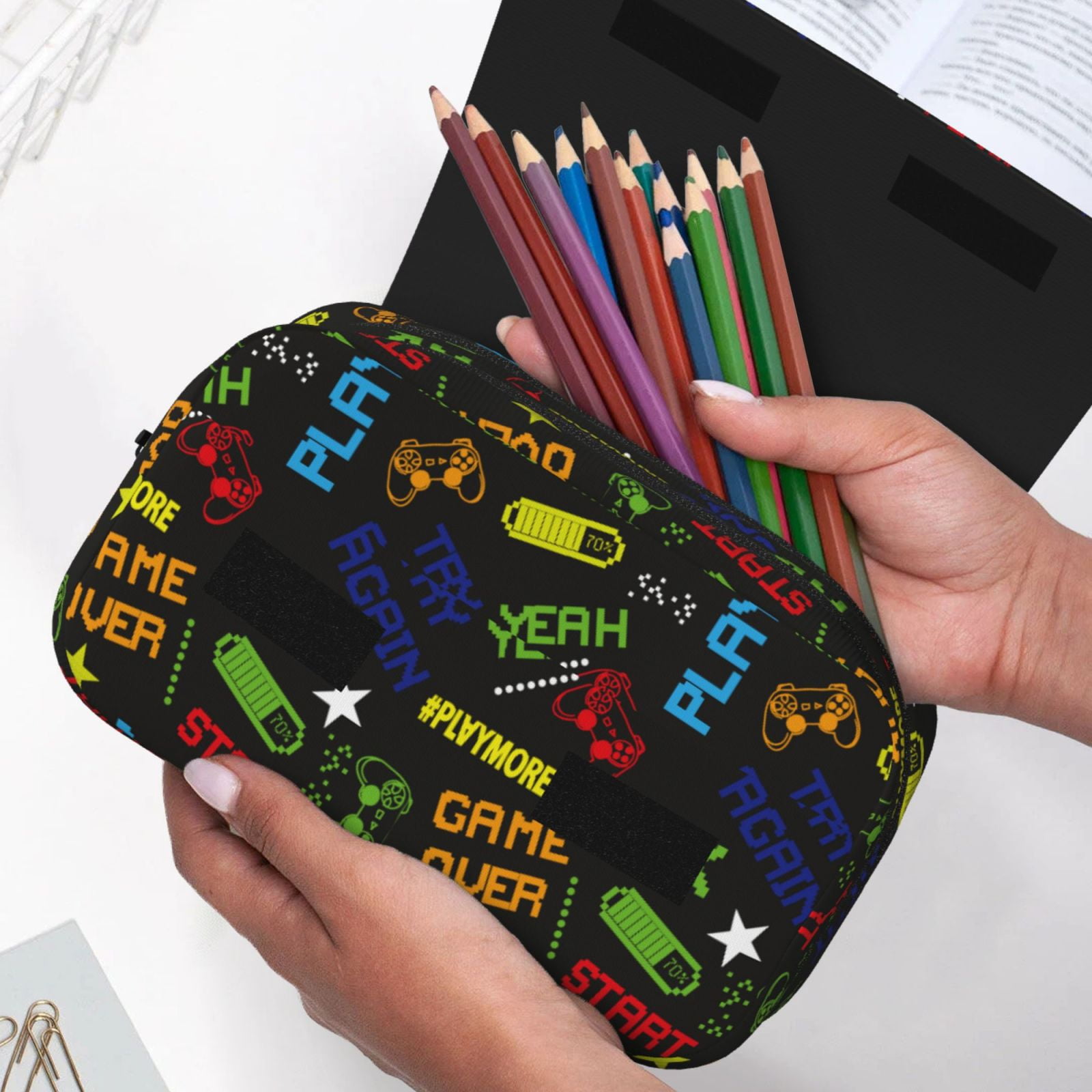 Rateoe Pixel Game Pattern Double Clamshell Pen Case, Storage Organizer with Two Zipper Compartments– Holds Up to 50 Pencils & Pens