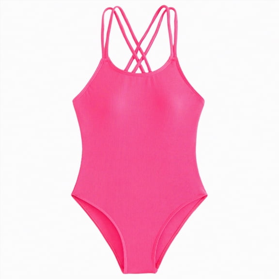 Yindaity Girls' One-Piece Swimwear Girls Swimsuit One Piece Bathing Suit Quick Dry Beach Swimwear Cute Cross Shoulder Strap Swimming Suits(Hot Pink,9-10 Years)