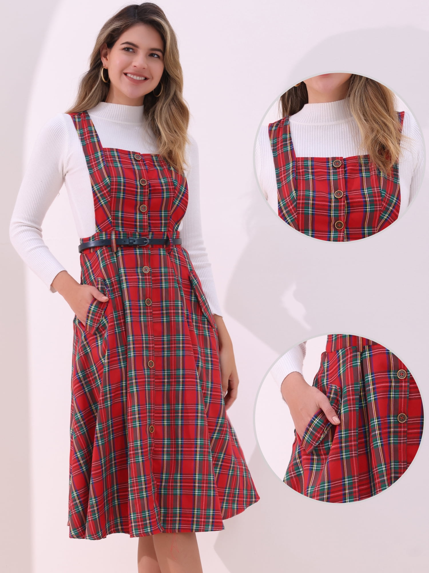 DARING DIVA Women's Plaid Vintage A Line Pinafore Dress S Red Green