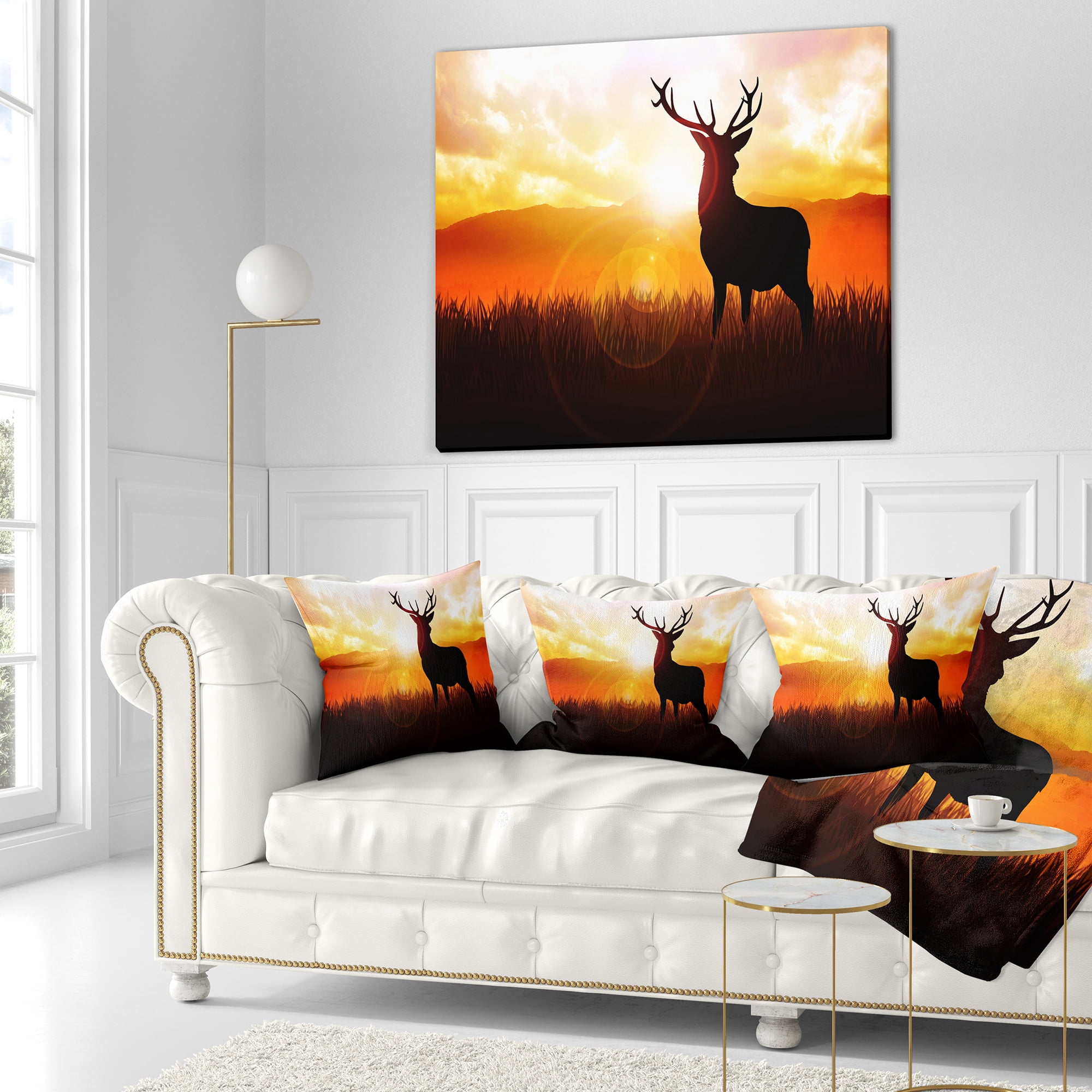 Designart Deer on Meadow During Sunrise - Animal Throw Pillow - 18x18