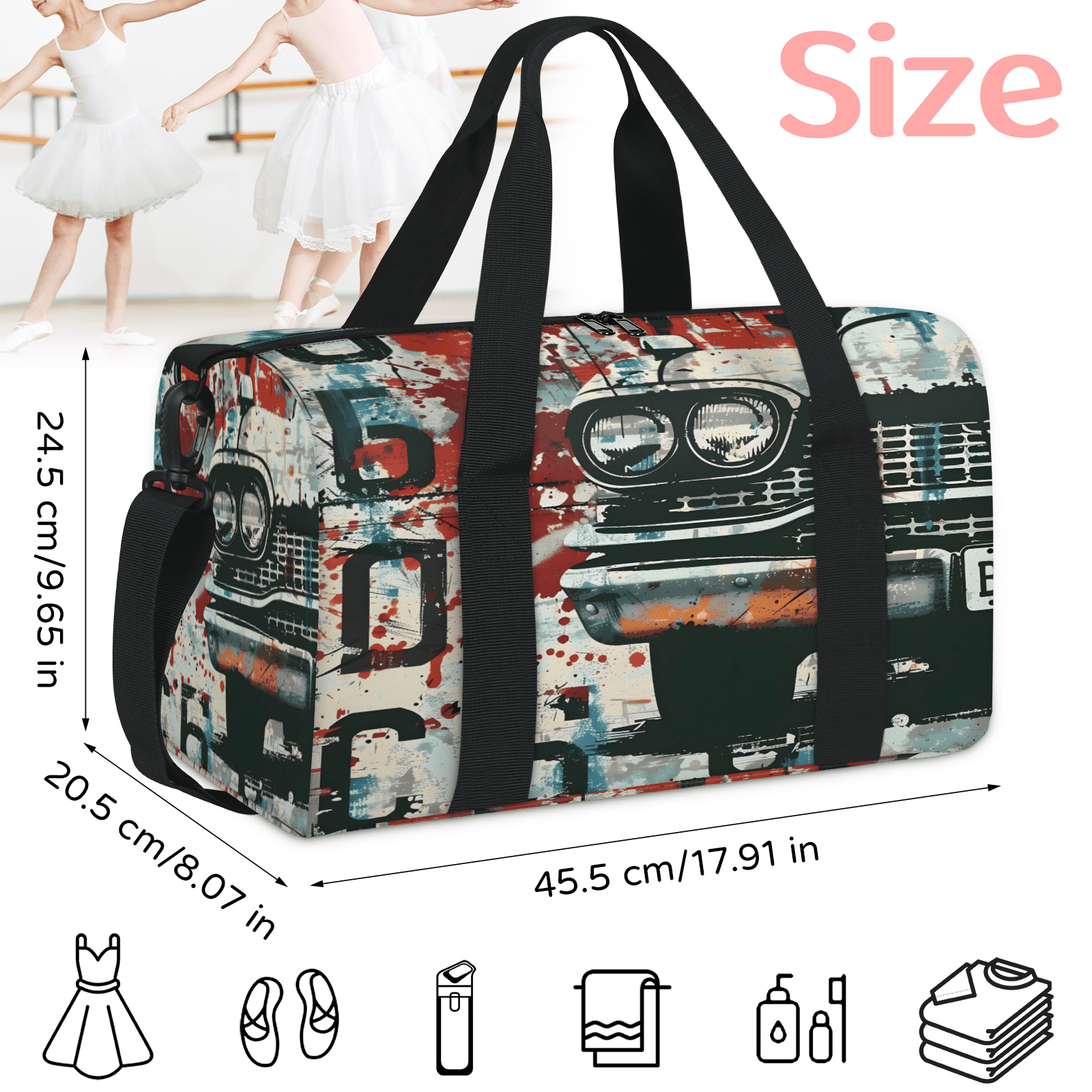 Herdesigns Car Vintage Retro Travel Duffle Bag Sports Yoga Weekender Overnight Carry on Workout Bags Lightweight Waterproof Gym Tote Bag for Women
