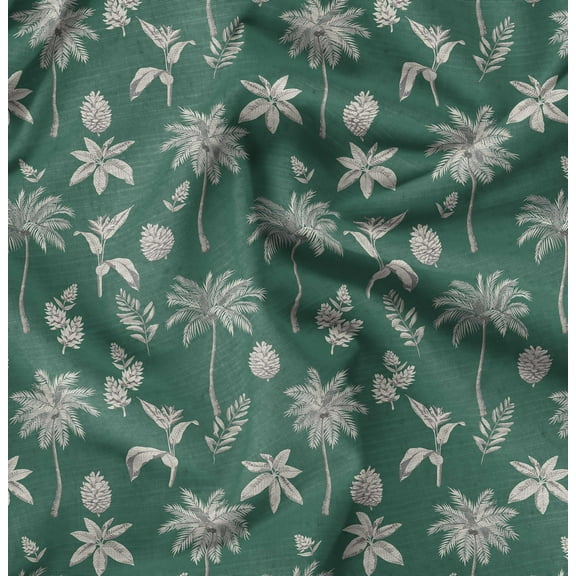 Soimoi Pure Silk Green Fabric By the Yard - 42 Inch Wide - Coconut Tree & Leaf Tropical Fabric - Botanical Beauty Elegance Printed Fabric