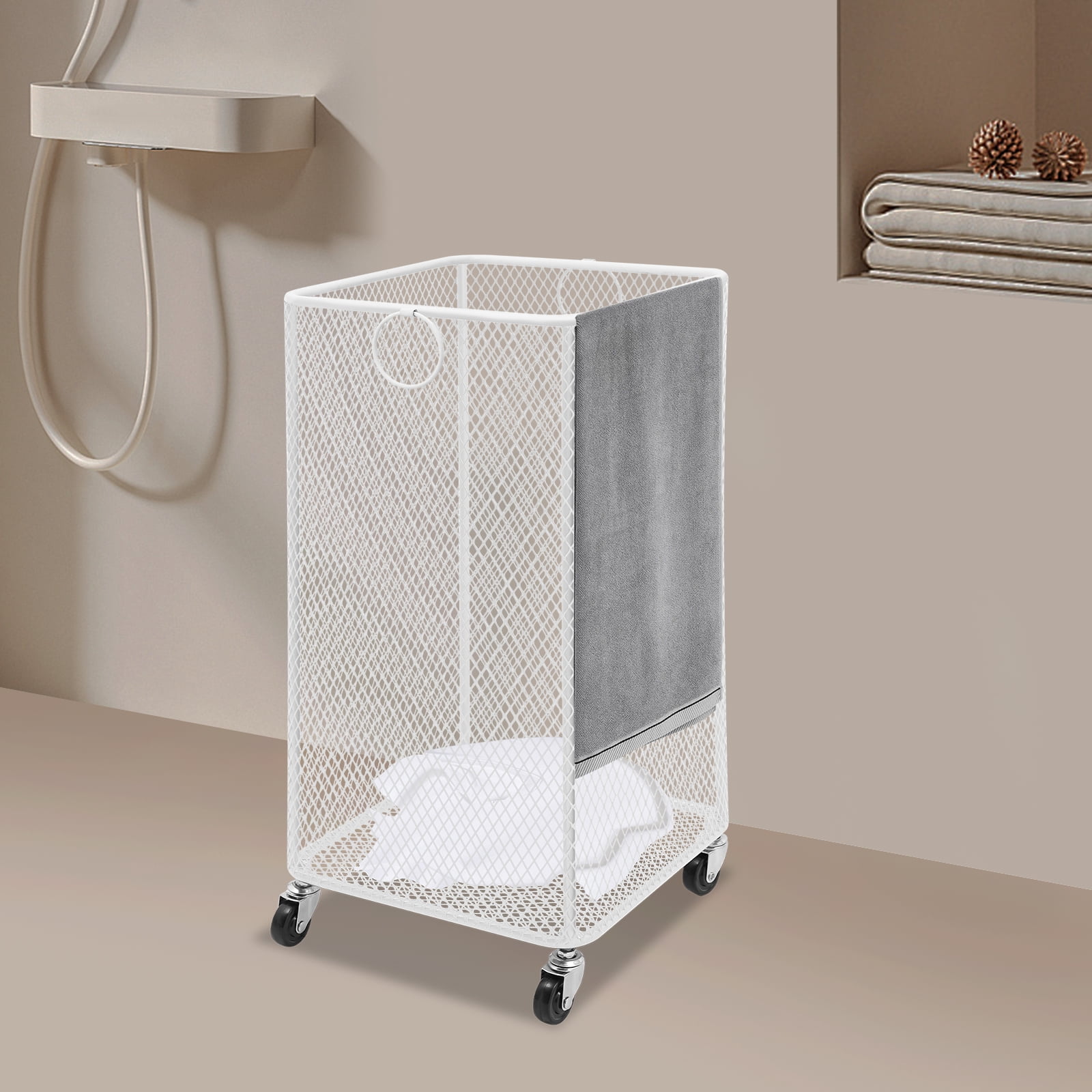 Square Rolling Laundry Basket, White Iron Dirty Clothes Hamper with Wheels, Moisture-Proof Storage Cart for Bathroom Bedroom