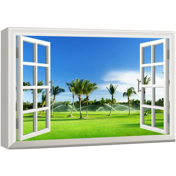 wall26 Canvas Print Wall Art Window View of Tropical Island Golf Course Nature Wilderness Photography Modern Art Rustic Scenic Colorful Ultra for Living Room, Bedroom, Office - 24"x36"