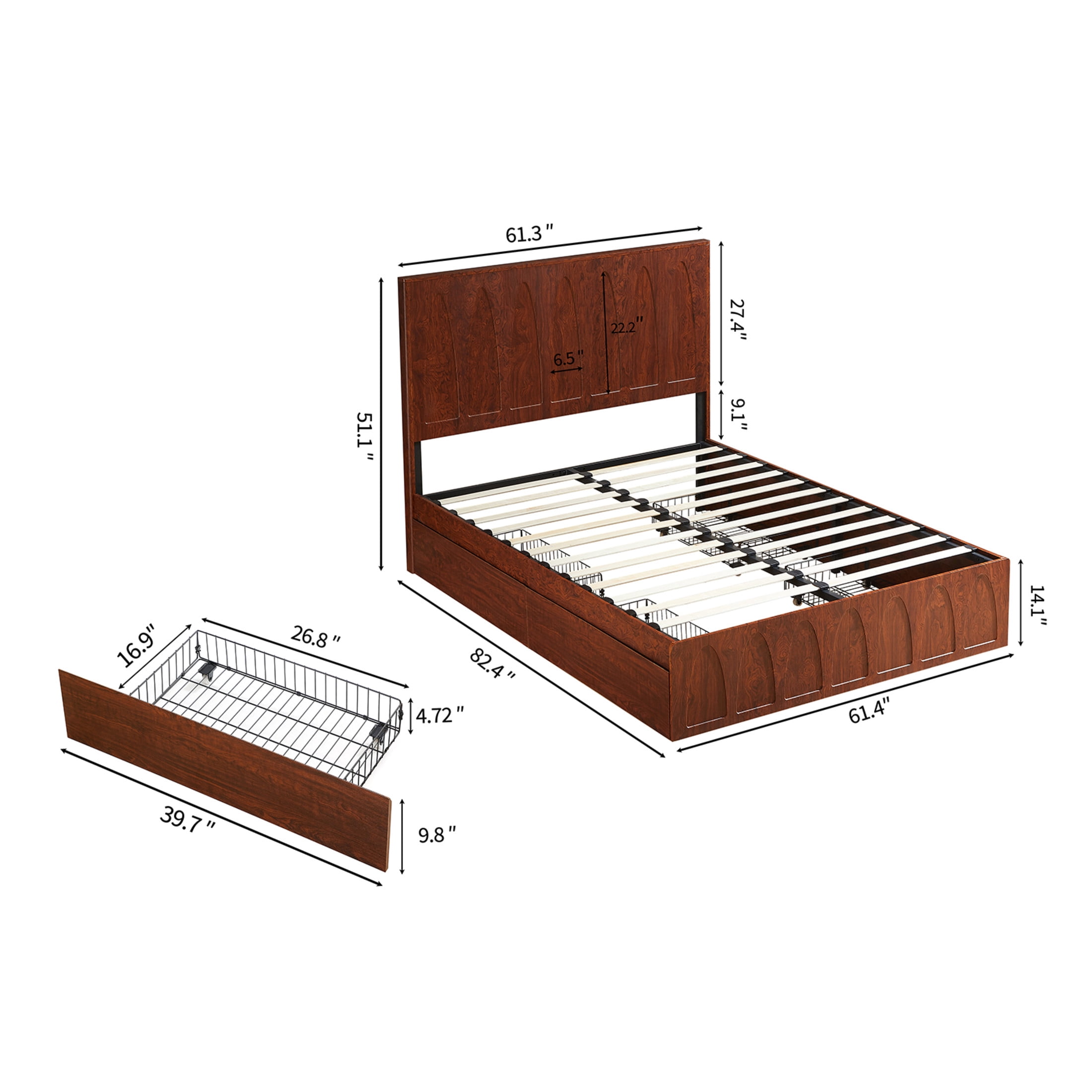 Noble House Queen Platform Bed Frame with Side Storage Drawers, Curved Wood Headboard, Natural Wood