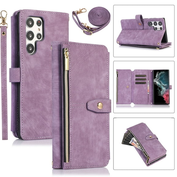 Crossbody for Samsung Galaxy S24 Ultra Wallet Case with Zipper Pouch,Magnetic PU Leather [Shoulder Strap & Wrist Lanyard] Flip Folio Kickstand Credit Card Holder Slot Shockproof Phone Case, Purple