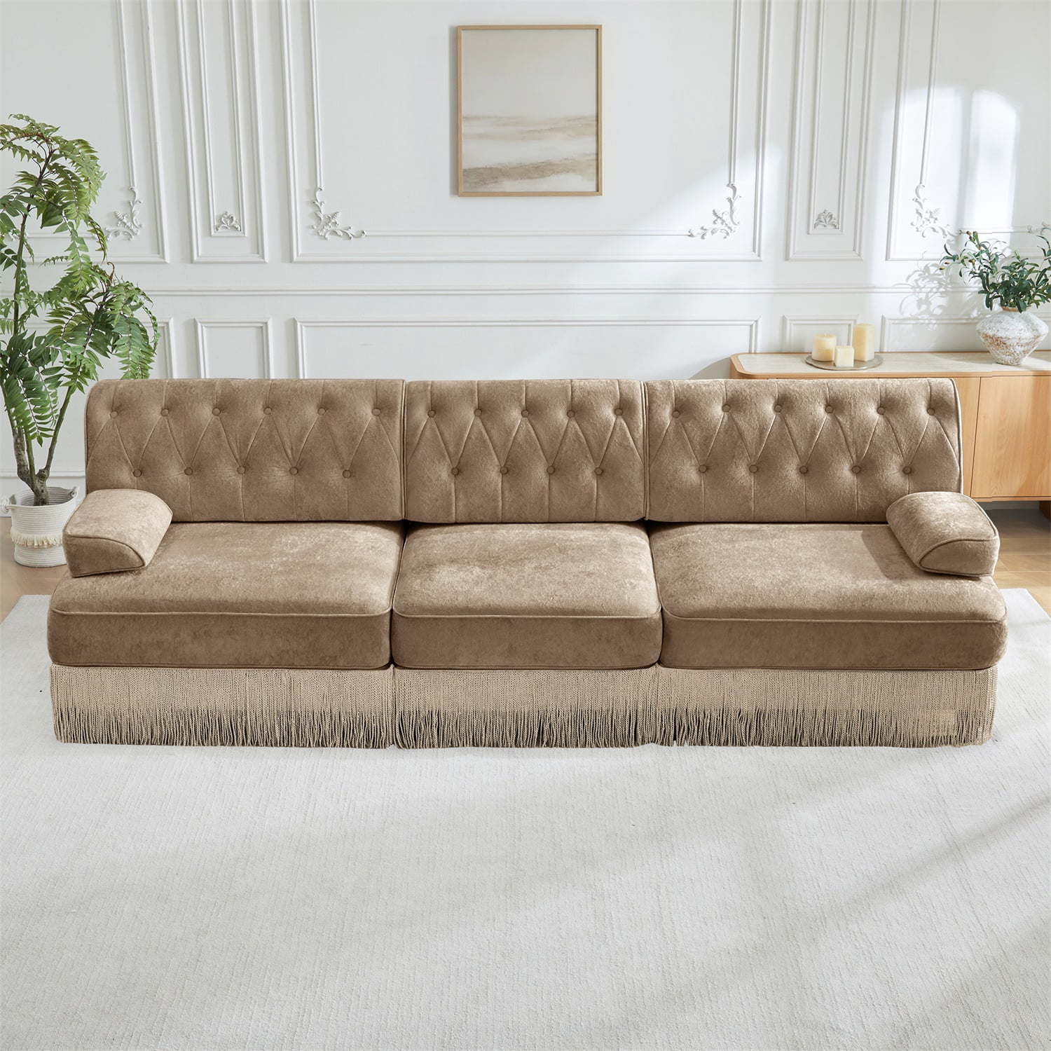 Hommoo 3-Seater Chesterfield Style Velvet Fabric Sofa Couch set, Tufted Button Upholstered Design and Floor-grazing Tassel, Free Combination Sectional Sofa, for Home, Camel