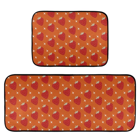 2-Piece Kitchen Mat Set Non Slip Washable Floor Mats Decorative Rugs for Kitchen Sink Laundry Strawberry and White Stars Pattern