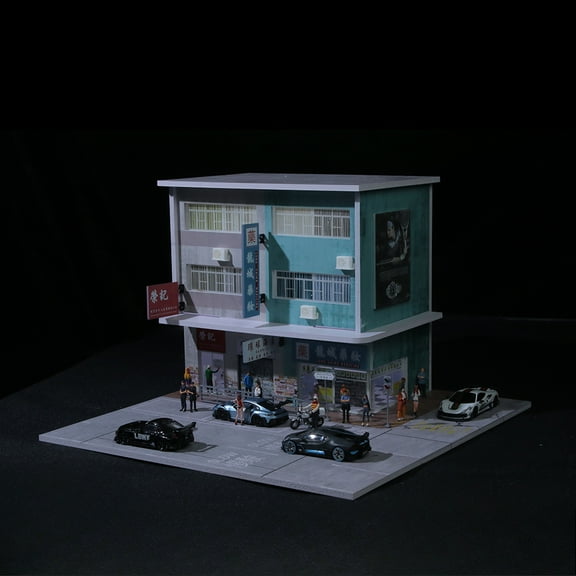 Diorama 1:64 Car Garage Model LED Lighting Hong Kong City Street View Car Parking Lot Scene Display Model, Diecast Car Model Display Case Gift Toys