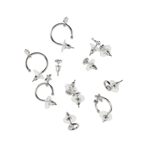 No Boundaries Women's Assorted Silver Tone Flower Earrings, 6 Pack