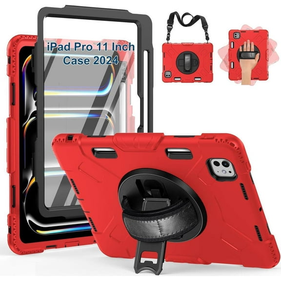 Case for iPad Pro 11 M4 2024 Model A2836 A2837 A3006 Protective Cover for iPad Pro 11 Inch 5th Generation with Built-in Screen Protector, 360° Rotating Stand, Shoulder Strap, Pencil Holder