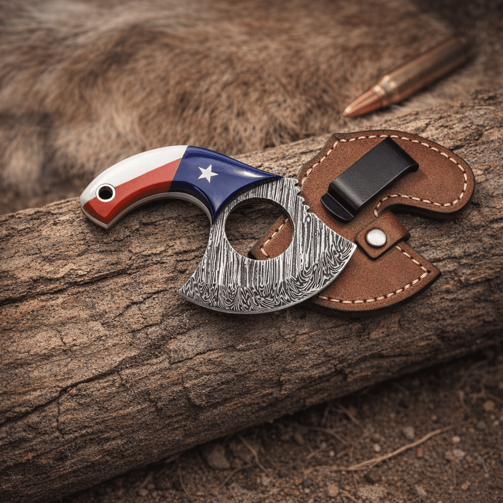 Hercules Knives Damascus Steel Ulu Knife, Fixed Blade Skinner Hunting Knife with Leather Sheath Texas Flag Resin Handle