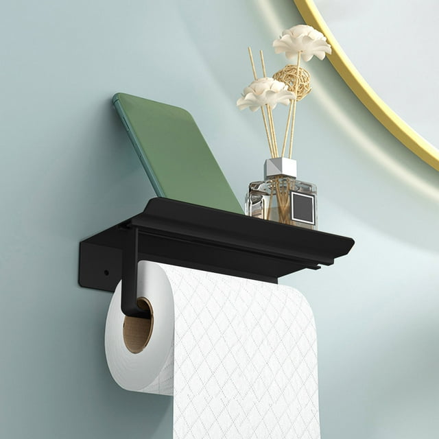 Portarrollos de papel higiénico de pared con repisa para teléfono | Moderno dispensador de rollos de papel higiénico de aleación de aluminio | Acabado negro plateado | Fácil instalación con taladro