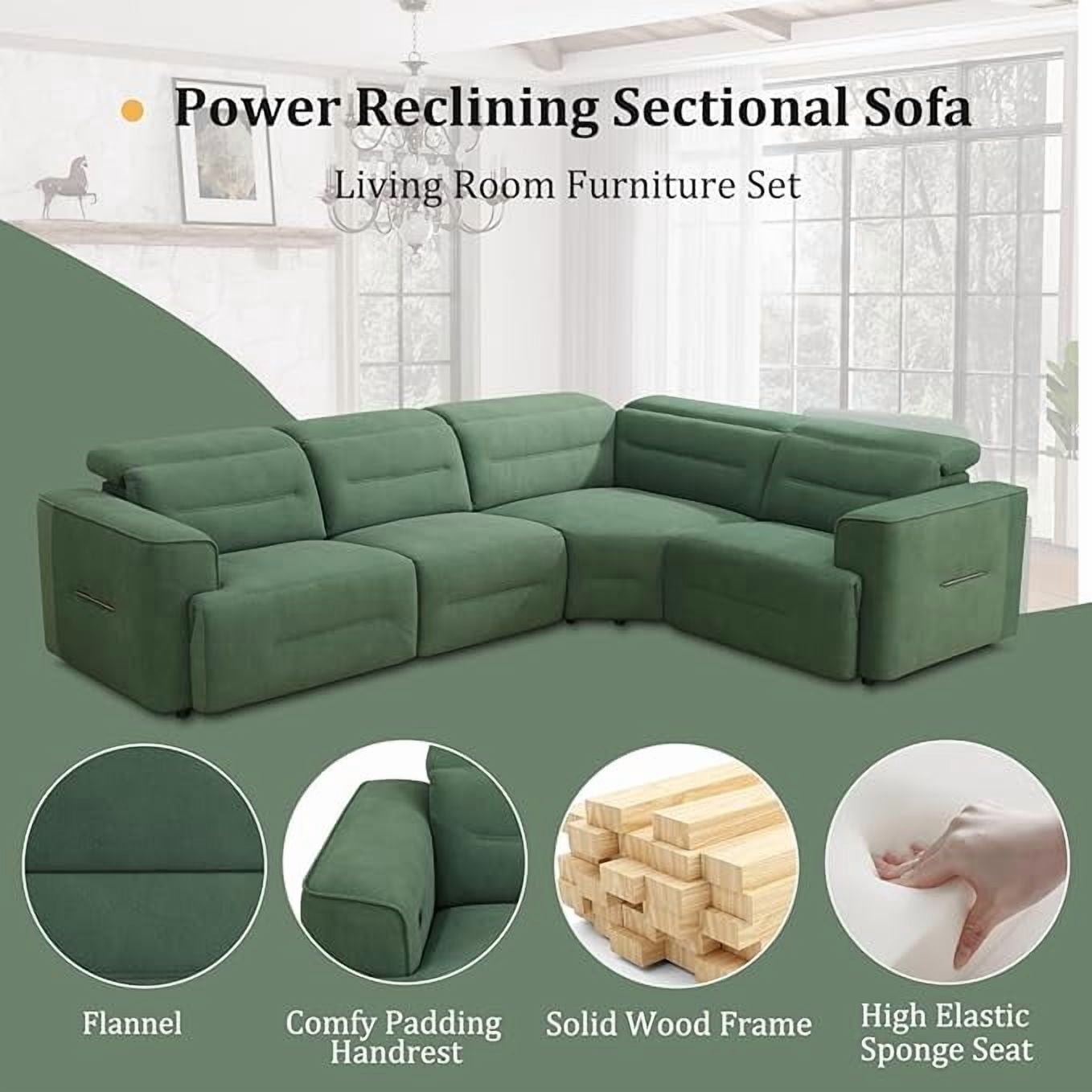 Power Recliner Sectional Sofa, L-Shaped Living Room Furniture Set, Green Flannel Reclining Sectional Couch with USB Ports (4 Seater)