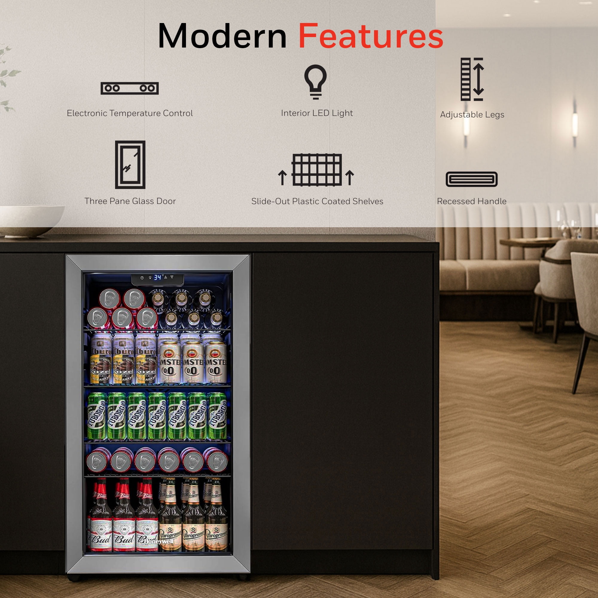 Honeywell Beverage Refrigerator and Cooler, 116 Can Mini Fridge with Glass Door for Soda Beer or Wine for Office or Bar with Adjustable Removable Shelving