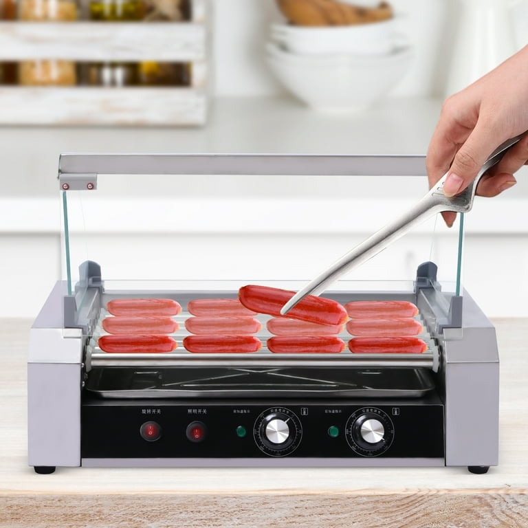 1000W Hot Dog Roller Machine,Dual Temp Control Commercial Grill Cooker  Machine with Removable Stainless Steel Drip Tray and Cover, 12 Hot Dog 5