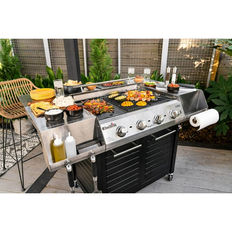 Char Broil Vibe 535 Silver Gas Grill with Side Shelves and Cabinet