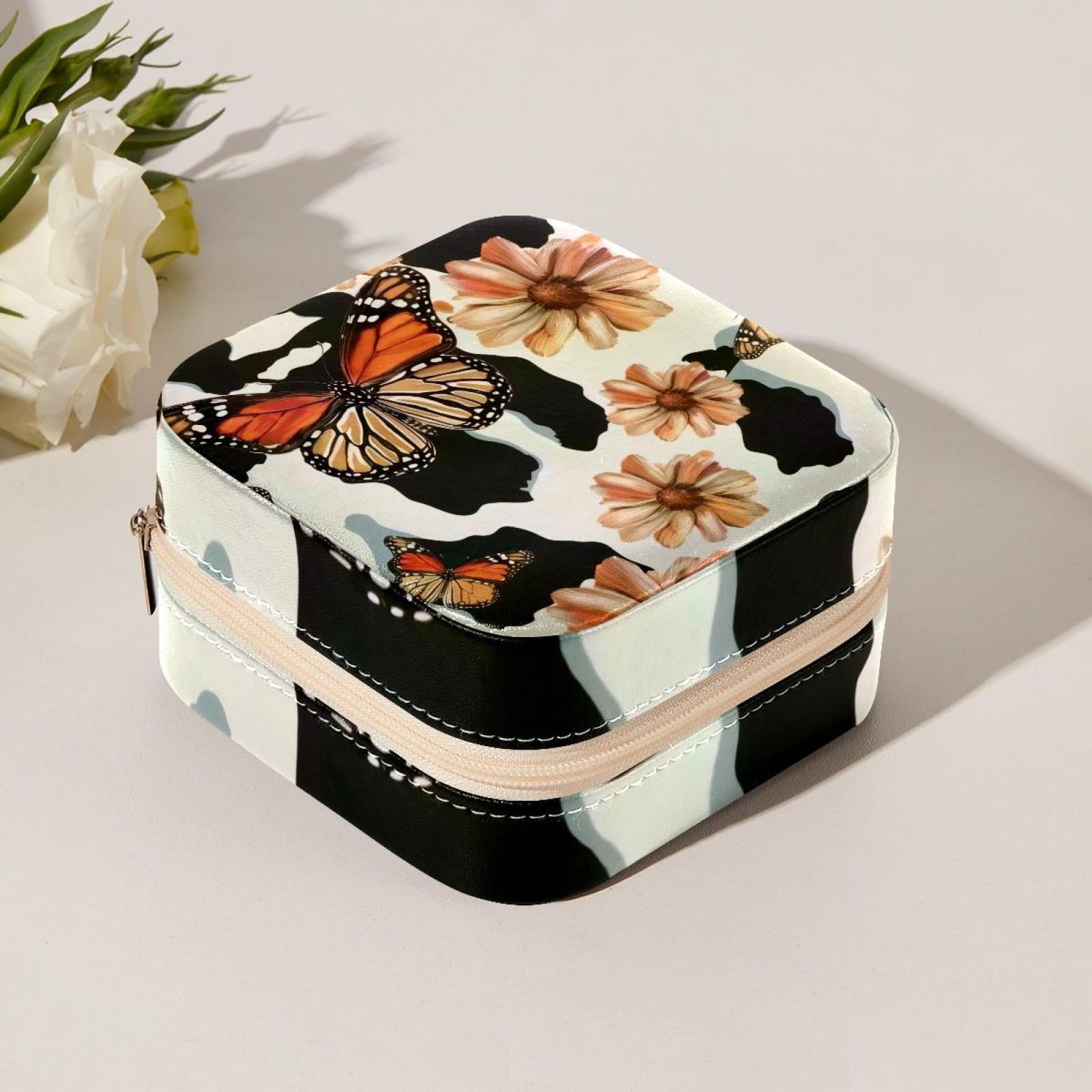 PhooArto Small Jewellery Box, Butterfly Pattern and Cow Print Portable Travel Mini Jewelry Case for Women Leather Ring Organizer