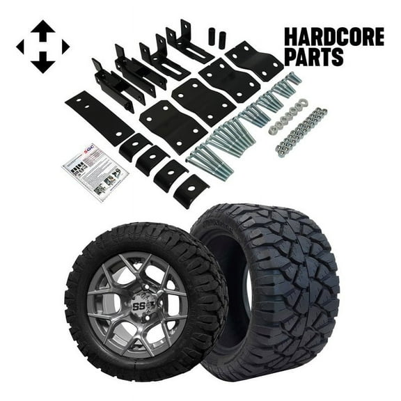 Hardcore Parts 4" Block Lift Kit for YAMAHA G14/G16/G19 Golf Cart with 12" Machined/Gunmetal 'Rally' Wheels & 20"x10"-12" STINGER On-Road/Off-Road DOT rated All-Terrain tires