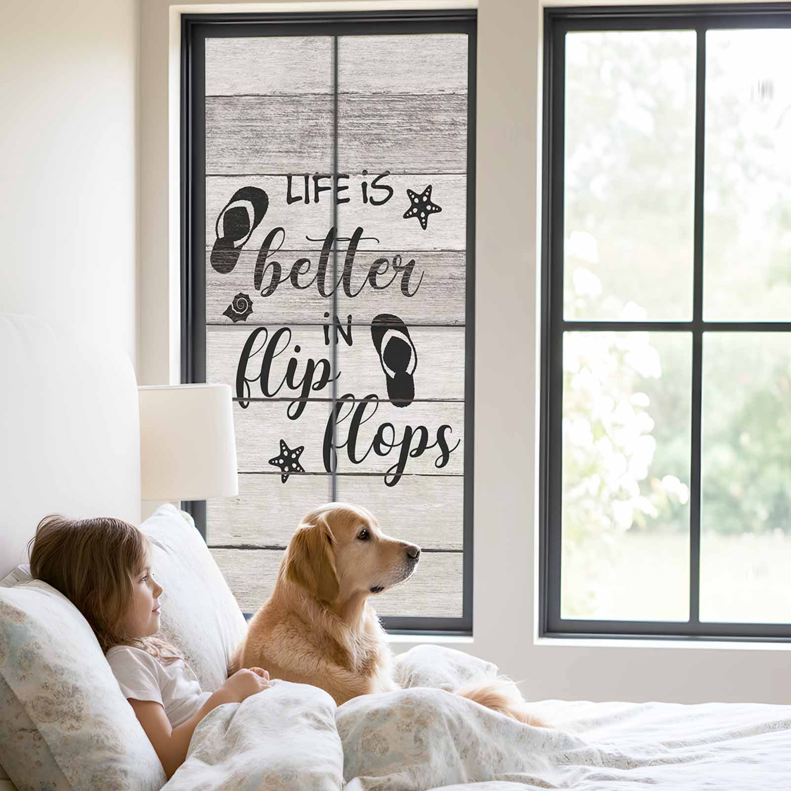 LIFE IS Window Privacy Film, BETTER IN FLIP FLOPS Starfish Wood Grain Frosted Glass Window Clings Static Cling UV Heat Blocking Reusable Door Sticker for Bathroom 23.6 x 59 Inch