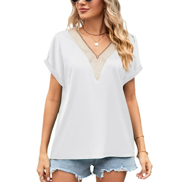 Daeful Femmes T-Shirt à Manches Courtes Tops d'Été Dailywear Guipure Dentelle V Cou Blouses Lâches Blanc XL