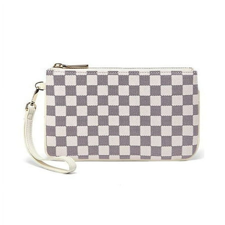 Daisy Rose Zip Wristlet Wallet and Phone Clutch for Women - RFID Blocking PU Vegan Leather Multi Card Holder Organizer Fits All Smart Phone Sizes (Cream Checkered)