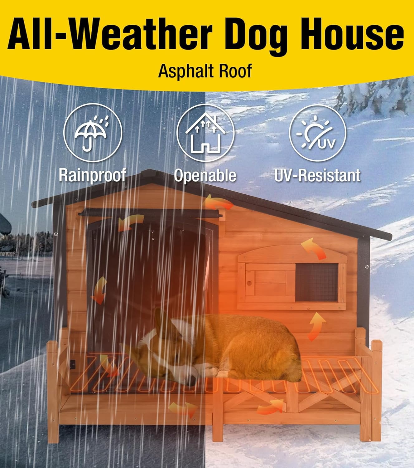 Aivituvin Heated Dog House Outdoor Dog Kennel with Safe Heated Pad, Chew-Proof Metal Frame and Rotating Food Bowl for Small to Medium Dogs, 44.6" L x 41.1" W x 32.9“H (Brown)