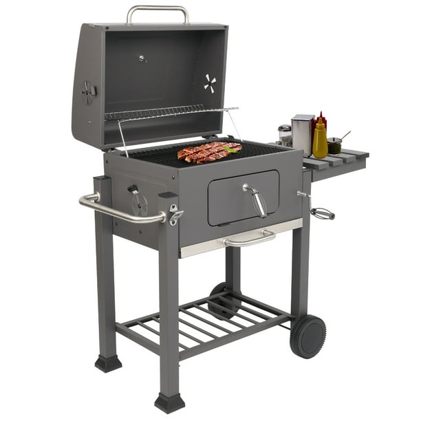 Portable Charcoal Grill, Cast Iron Grill with Wheels & Folding Side Shelf,  Large Picnics Barbecue Grill, Premium Gourmet Charcoal BBQ Grill for 