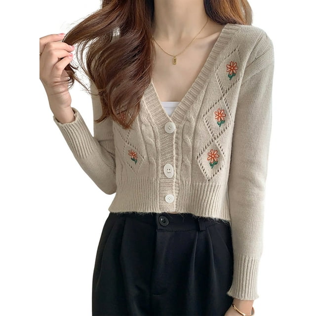 Cardigan Décontracté pour Femmes Y2k Manches Longues Broderie Florale Haut Court Ample