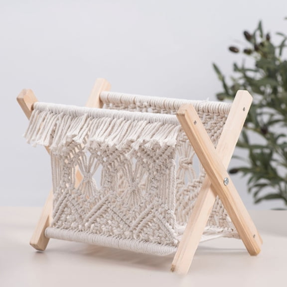 Macrame Magazine Rack, Cotton Rope Woven Desktop Organizer for Books, Pre Assembled Storage Basket Rack, Rustic Home Office Living Room Decor Storage Shelf, 13*8*10