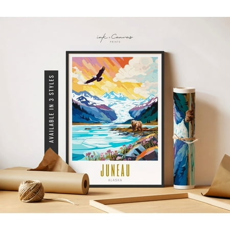 Juneau Alaska Wall Art Juneau Poster Alaska Glacier Art Poster Juneau Poster Retro Destination Posters Poster Travel Art Art Home Decor, 12x18 UNFRAMED