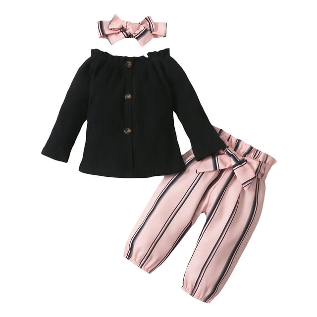 Odeerbi 3M-2Y Niñas Conjuntos Rib Knit Ruffle Manga Larga Tops Rayas Pantalones Dos Piezas