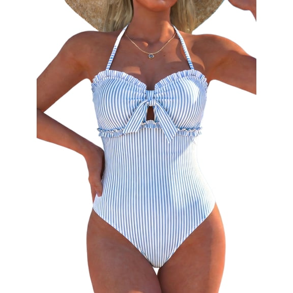 Kaperf Women's Blue & White Pinstripe One Piece Swimsuit, Removable Halter Strap, Ruffle Trim, Front Bow Knot Cutout Tummy Control Bathing Suit for Beach Vacation
