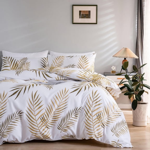 King Size Comforter Sets Gold White Leaves, Botanical Palm Leaves Pattern Bedding, Lightweight Soft Microfiber Down Comforter Bed Set