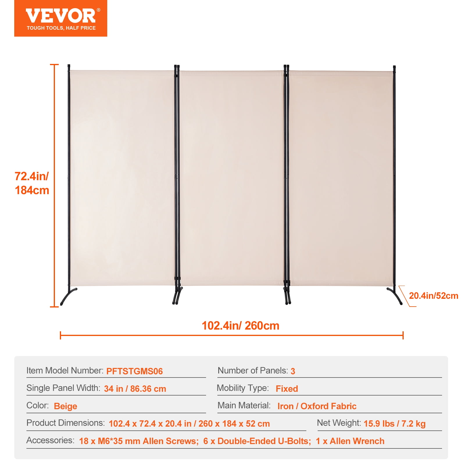 VEVOR Room Divider, 3 Panel Room Divider, Folding Privacy Screen and Portable Partition Divider for Room Separation, Freestanding Room Partitions for Office, Bedroom, Study, Beige