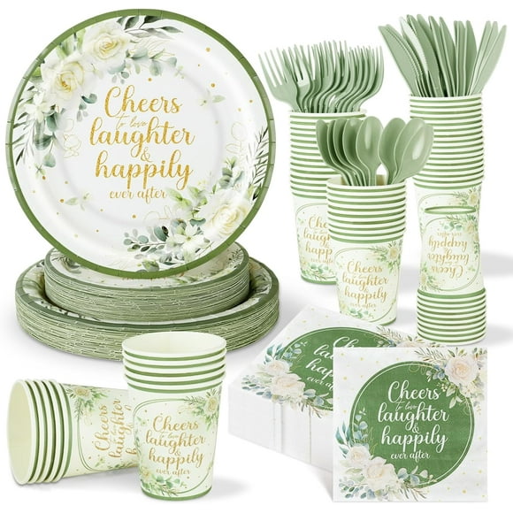 350 Pcs Eucalyptus Leaves Bridal Shower Paper Plates Napkins Cups Disposable Sage Green Tableware Set With Knives Forks Cheers to Love Party Favors for 50 Guest Wedding Engagement Decor