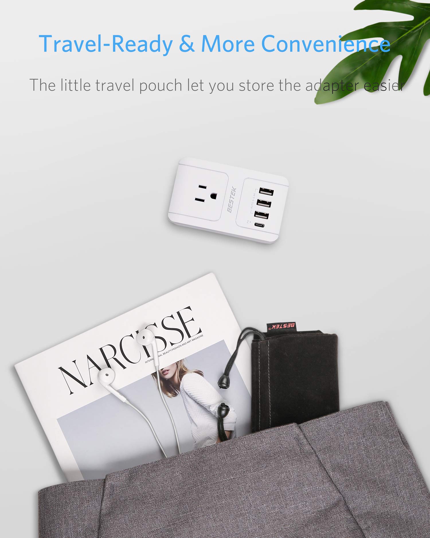 BESTEK International Travel Adapter, 3000W Travel Wall Charger with 4 Usb Ports (1 PD 35W) and 5 Worldwide Wall Plugs for Hair Dryer, Curling Iron (US, UK, AU, EU and Asia)