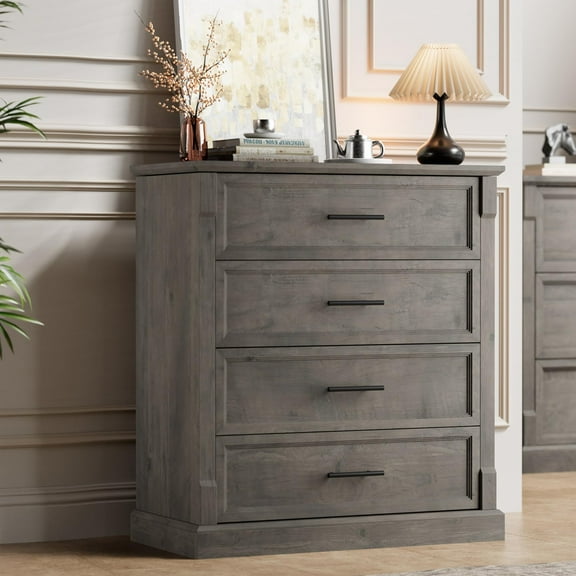Ataucjin Farmhouse 4 Drawer Dresser for Bedroom, Tall Chest of Drawers with Metal Handles, Rustic Wooden Dresser TV Stand, for Living Room, Hallway
