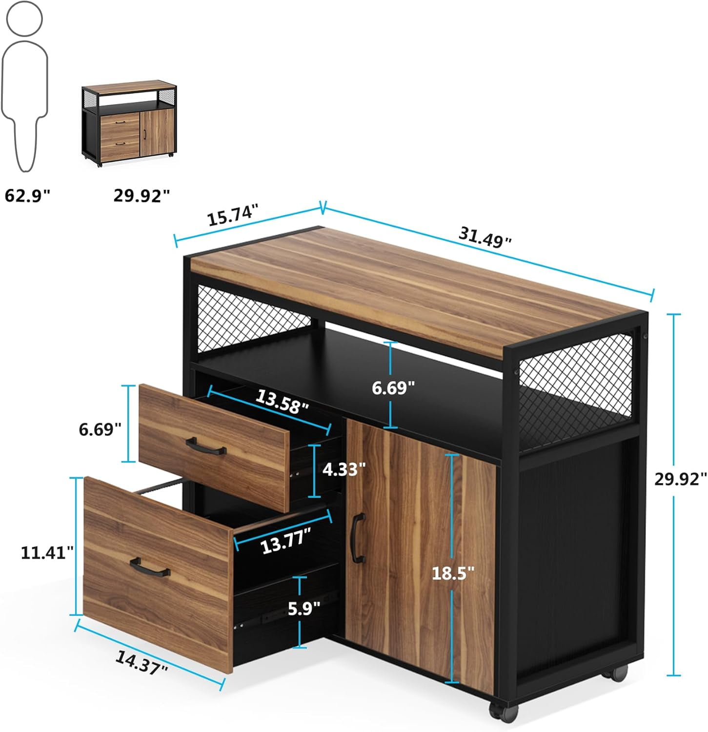 Tribesigns Modern File Cabinet with Drawers and Storage Shelves, Lockable Cabinet & Rolling Caster (Brown & Black)