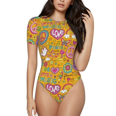 Kdxio Peace Love and Dove Flower Power for Women s Short-Sleeved Onesie Stylish Round Neck Pajamas Bodysuit Jumpsuit Nightwear-X-Large