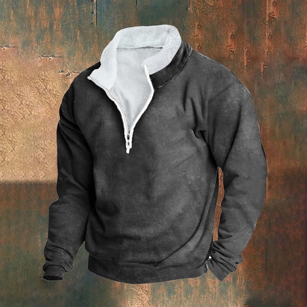 Blusa y camisa de manga larga con cuello alto para hombre, sudadera informal con capucha, cuello alto retro, cremallera, manga larga, holgada, blusa para hombre